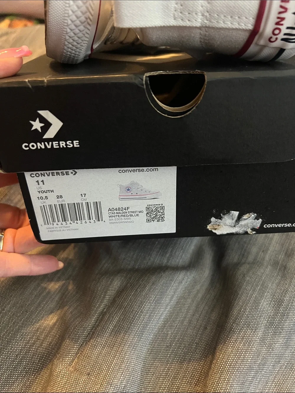 Converse Kids White Canvas High Top Sneakers with Red & Navy Trim